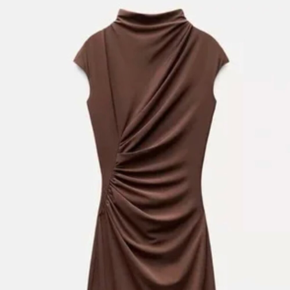 Brown zara draped cap sleeve mock neck dress